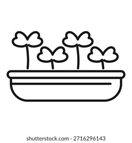Icono de contorno simple de microverdes que crecen en una bandeja hidropónica, que representa la agricultura urbana sostenible