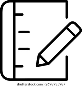 Un simple icono de contorno de un cuaderno con un lápiz. La Imagen está aislada sobre un fondo blanco y es una Ilustración vectorial. El icono es minimalista y moderno.