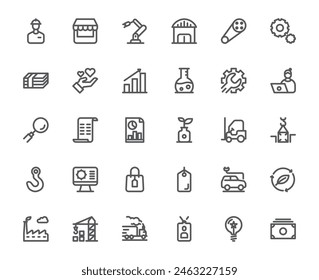 Simple outline icon pack of factory industry of production process and related thing, 32x32 pixel perfect icon editable stroke