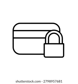 A simple outline icon representing a credit card secured with a padlock, symbolizing secure financial transactions and online payment protection.