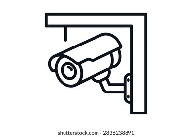 A simple outline icon representing a professional CCTV security camera mounted on a wall bracket for surveillance and monitoring purposes