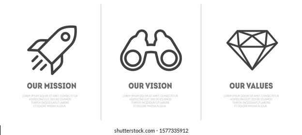 Simple Outline Icon With Rocket, Binocular And Diamond For Visualisation Of Mission, Vision And Values Of Company