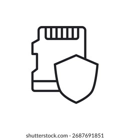 Simple outline icon of a secure digital card with a safety shield.