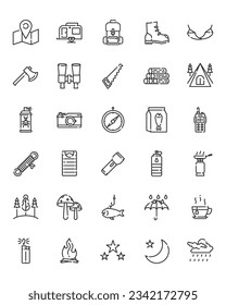 Simple outline icon set of adventure travel camping tent on the white background, forest explore and relaxing trip concept, 64x64 pixel perfect icon