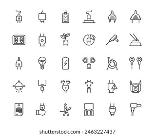 Simple outline icon set of electricity power adapter wire and plug connector, 48x48 pixel perfect icon, editable stroke white background