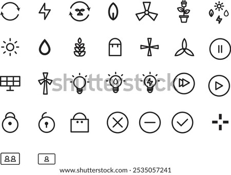 A simple outline icon set focused on renewable energy and eco-friendly technology. These black and white icons feature clean, minimalist designs, including symbols for recycling, energy lightning