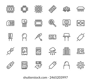 Simple outline icon set of ic chip processor capacitor related thing, computer technology 48x48 pixel perfect editable stroke line on white background for website, application, media, ux,ui design