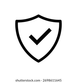Simples ícone de esboço de um escudo com uma marca de seleção, simbolizando segurança robusta, proteção, verificação e confiança. Ideal para segurança digital.