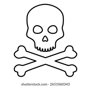 Simple outline icon of skull and crossbones symbol for pirate theme. Clipart image isolated on background.