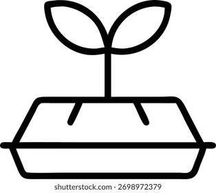 Un icono de contorno simple de un brote en una bandeja, aislado en un fondo blanco. El diseño representa la jardinería, la agricultura y el concepto de plantar y cultivar.