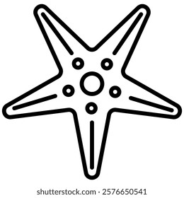 Simple outline icon of a starfish with five arms, small circles, and a central circular pattern. Perfect for summer, marine, ocean, aquatic, or sea life themes. Black and white vector design.