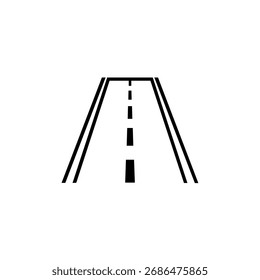 Simples ícone de contorno de uma estrada reta ou estrada recuando para a distância com uma linha central tracejada, simbolizando viagem, viagem, transporte, direção e caminho futuro em um vetor minimalista.