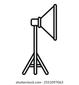 Simple outline icon of a studio spotlight standing on a tripod, ideal for representing photography or video production