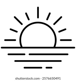 Simple outline icon of a sunrise or sunset over water, with sun rays and horizontal lines depicting waves. Ideal for beach, summer, nature, and scenic themed designs. Black and white vector.