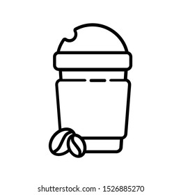 Simple outline icon - take away coffee cup, mug and coffee beans, hot energetic drink or beverage for breakfast, isolated vector symbol, pictogram  for web, app