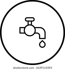 Simple Outline Icon of a Water Tap with a Dripping Drop Inside a Circle Design