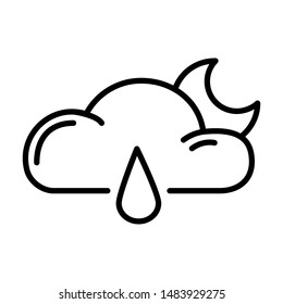 Simple outline icon - weather or forecast sing with cloud and rain, drops of water, moon - vector isolated symbol on white background