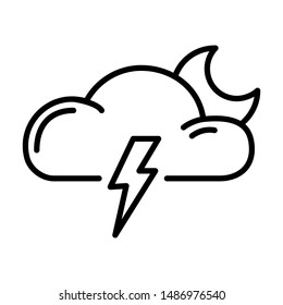 Simple outline icon - weather or forecast sing with cloud, thunderstorm and moon - vector isolated symbol on white background