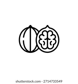 Einfaches Umrisssymbol einer ganzen Walnuss und einer halbierten Walnuss mit dem Kernel
