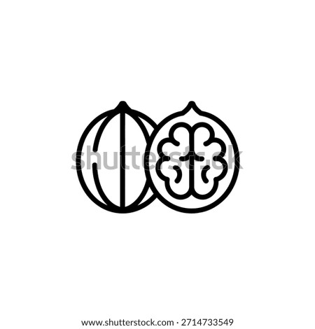 Simple outline icon of a whole walnut and a halved walnut showing the kernel