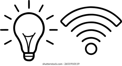 Simples ícones de contorno de uma lâmpada luminosa brilhante e um sinal Wi-Fi, representando ideias e conectividade em um fundo branco.