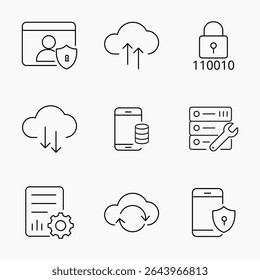 Simple outline icons representing cloud storage, data syncing, mobile security and server maintenance. Great for IT cloud services and digital safety visuals, vector illustration
