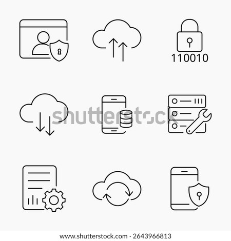Simple outline icons representing cloud storage, data syncing, mobile security and server maintenance. Great for IT cloud services and digital safety visuals, vector illustration