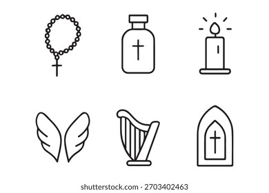 Ícones simples que representam crenças e práticas religiosas, incluindo fé e adoração.