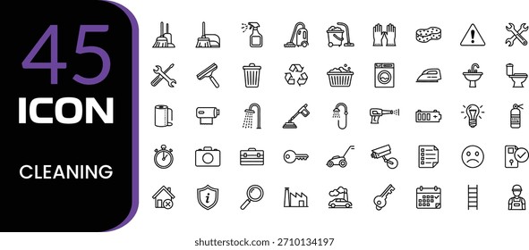Iconos de contorno simples que representan varias herramientas de limpieza y suministros para las tareas domésticas y la higiene	
