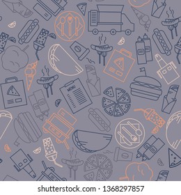 Simple outline icons seamless pattern. Fast food sketch elements background.