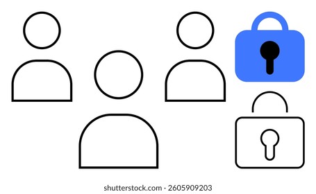 Simple outline icons showing three generic human figures and two lock symbols, one blue and one black and white. Ideal for security, data protection, privacy, user access, cybersecurity. Minimalist