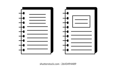 Simple outline icons of spiral-bound notebooks, one with full lines and one with a title box. Ideal for education, note-taking, school, and office supplies.