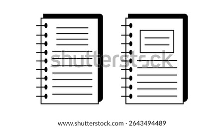 Simple outline icons of spiral-bound notebooks, one with full lines and one with a title box. Ideal for education, note-taking, school, and office supplies.