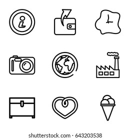 simple outline icons such as wallet, chest, ice cream, heart, info, camera, wall clock, planet