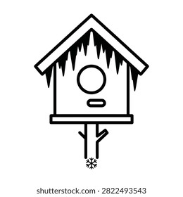 Simple outline illustration of a birdhouse featuring icicles on the roof and a snowflake at the base, representing a cold winter day.
