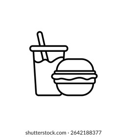 Simple Outline Illustration Of Burger And Refreshing Drink On Transparent