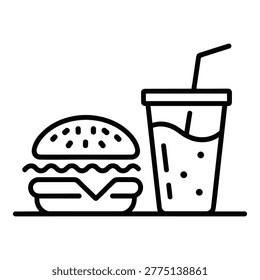 Simple outline illustration of a classic hamburger and a refreshing beverage with a straw isolated on transparent background