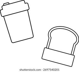 Simple outline illustration of coffee cup and toast bread, ideal for breakfast theme design, cafe branding, menu decoration, or food and drink packaging projects.