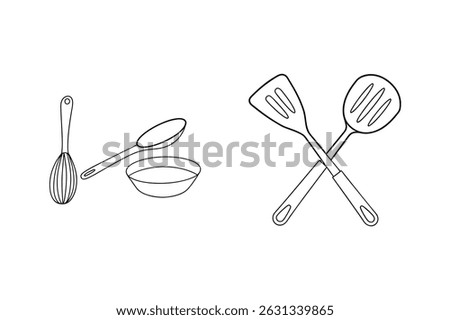Simple outline illustration of essential kitchen utensils for cooking and baking