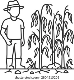 A simple outline illustration of a farmer standing beside withered crops, representing agricultural drought, crop failure, water scarcity, climate change, and farming challenges