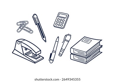 A simple outline illustration features office supplies like a stapler, pens, paperclips, calculator, and books on a white background.