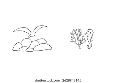 Simple outline illustration featuring a seagull rocks and sea creatures against white background