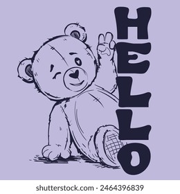 Simple outline illustration funny bear doll smiling and wink. Text Hello in 70s style. Childish hand drawn lines print with bear. Teddy toy cute character