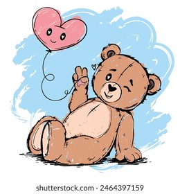 Dibujo de contorno simple muñeca de oso divertido sonriendo y guiñar el globo del corazón. Líneas dibujadas a mano infantiles con estampado de oso. Juguete de peluche lindo personaje