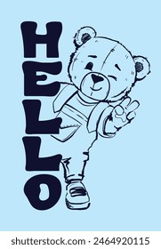 Simple outline illustration funny bear doll smiling and wink. Text Hello in 70s style. Childish hand drawn lines print with bear. Teddy toy cute character on blue background