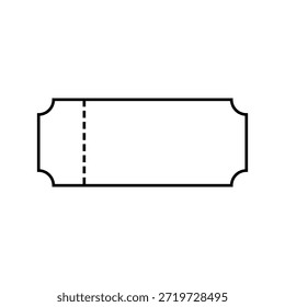 Ilustración de esquema simple de un ticket en blanco genérico con una línea de esbozo perforada, listo para detalles de evento o admisión.