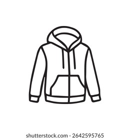 A simple outline illustration of a hoodie, perfect for design mockups and fashion concepts. Features a minimalist style great for graphic design and apparel visuals.