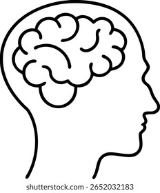Um simples esboço ilustrativo de uma cabeça humana em perfil, mostrando o cérebro interior. Representa o intelecto, a saúde e a complexidade da mente humana.