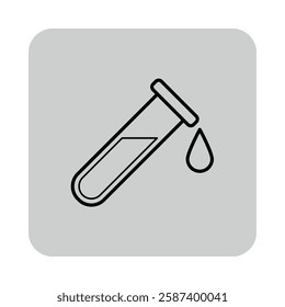 Simple outline illustration of laboratory test tube tilted slightly to t side. Droplet falling from its rim. Scientific research concept