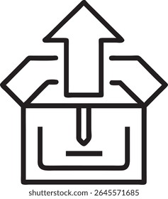 Ilustración de contorno simple de envío de caja abierta con símbolo de flecha hacia arriba	